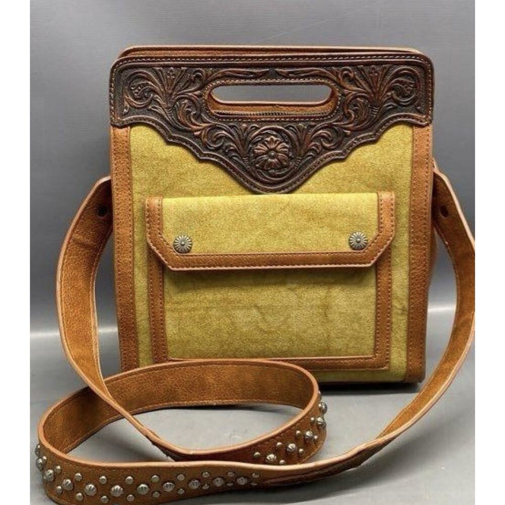 Trinity Ranch Crossbody Satchel Leather Cowhide Brown Tan Tooled Studded Purse
